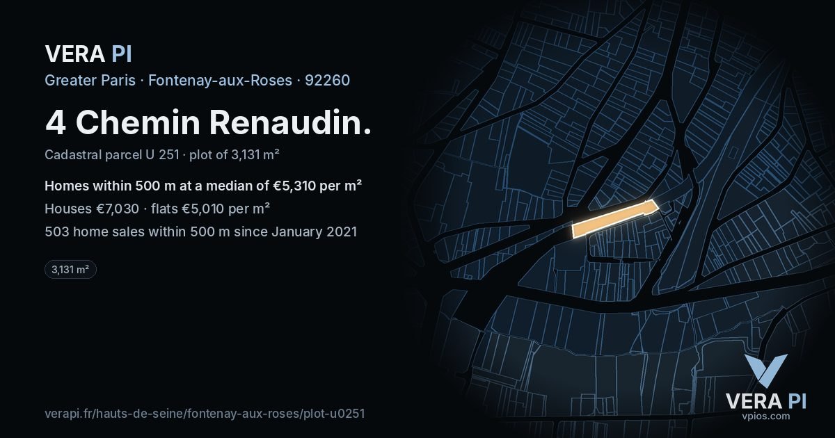 4 Chemin Renaudin, Fontenay-aux-Roses at night – the plot lit, the parcels around coloured by the prices near them