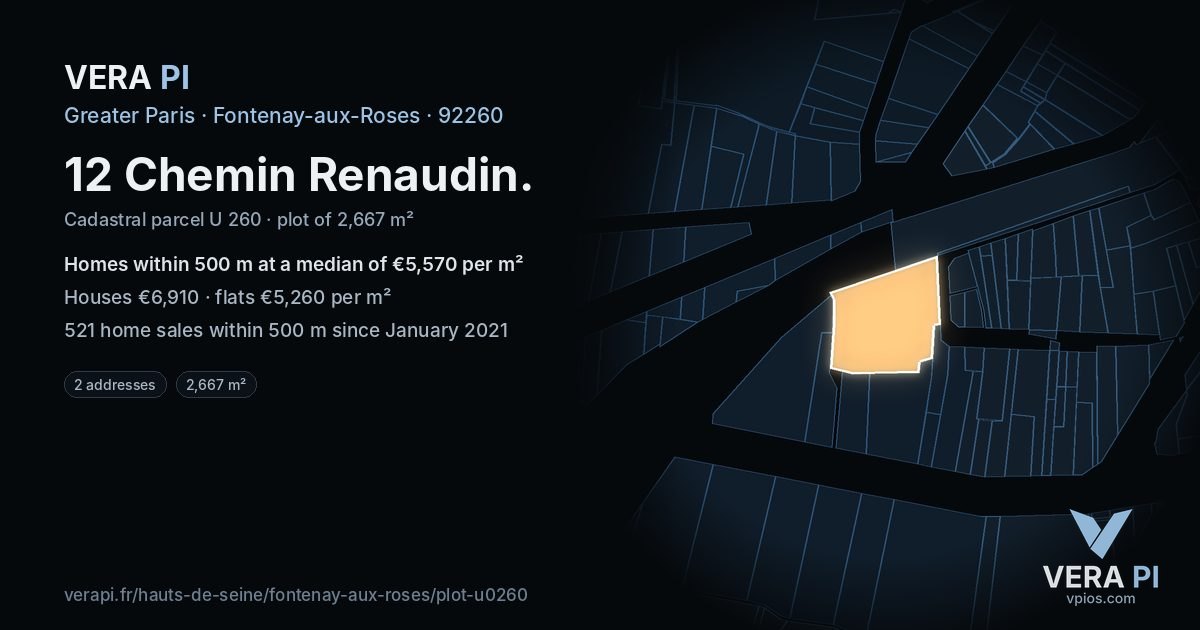 12 Chemin Renaudin, Fontenay-aux-Roses at night – the plot lit, the parcels around coloured by the prices near them
