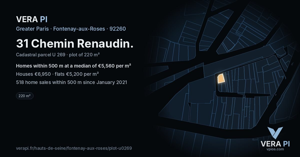 31 Chemin Renaudin, Fontenay-aux-Roses at night – the plot lit, the parcels around coloured by the prices near them