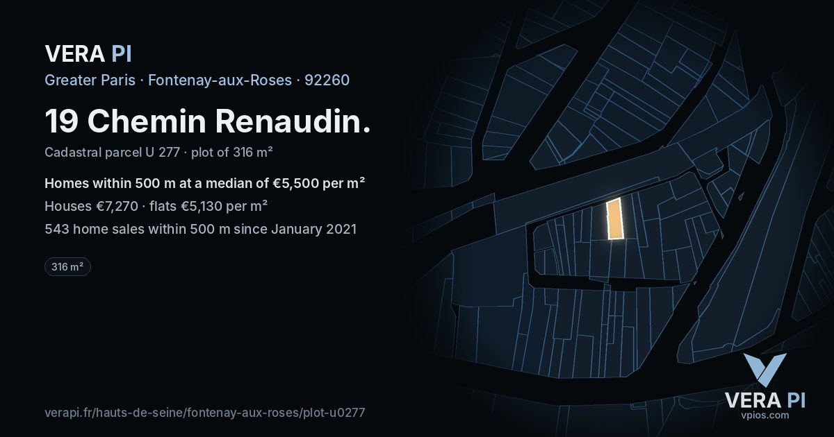 19 Chemin Renaudin, Fontenay-aux-Roses at night – the plot lit, the parcels around coloured by the prices near them