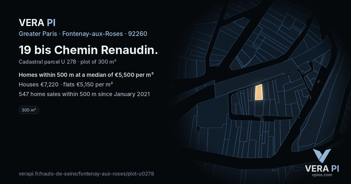19 bis Chemin Renaudin, Fontenay-aux-Roses at night – the plot lit, the parcels around coloured by the prices near them