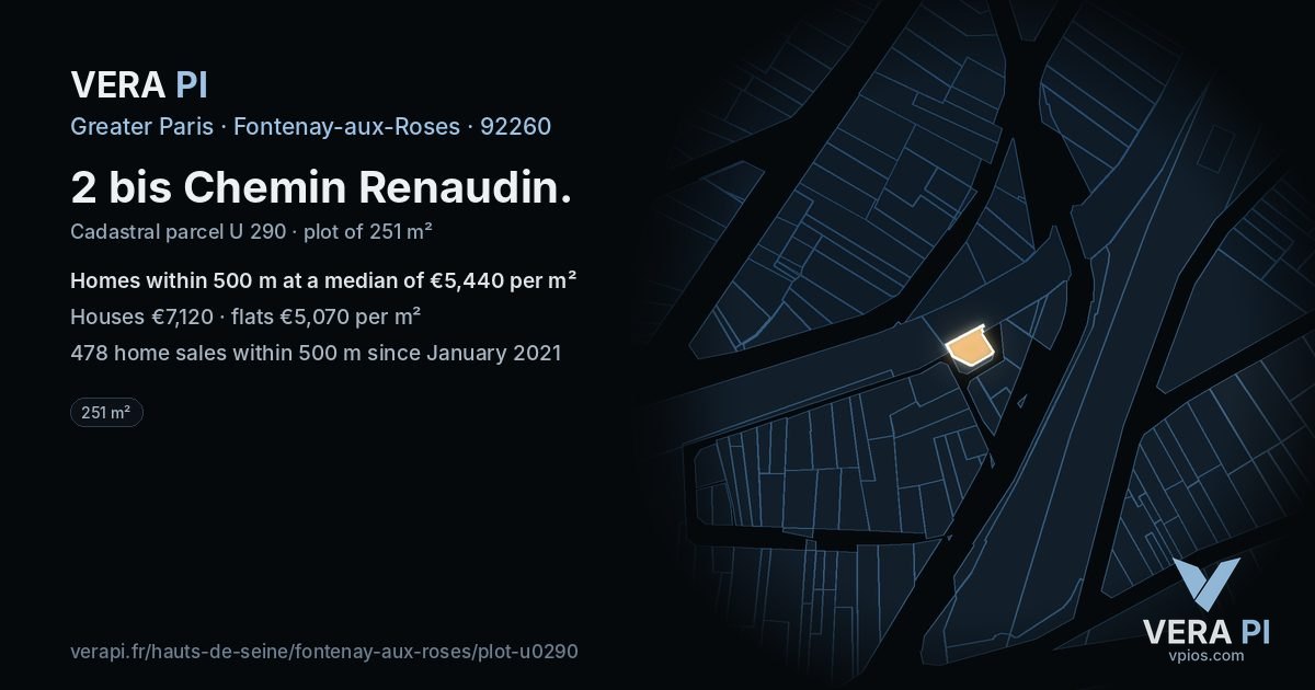 2 bis Chemin Renaudin, Fontenay-aux-Roses at night – the plot lit, the parcels around coloured by the prices near them