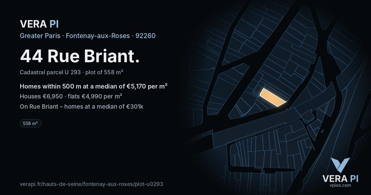 44 Rue Briant, Fontenay-aux-Roses at night – the plot lit, the parcels around coloured by the prices near them