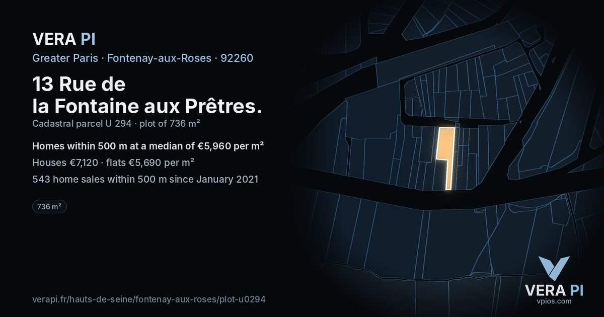13 Rue de la Fontaine aux Prêtres, Fontenay-aux-Roses at night – the plot lit, the parcels around coloured by the prices near them