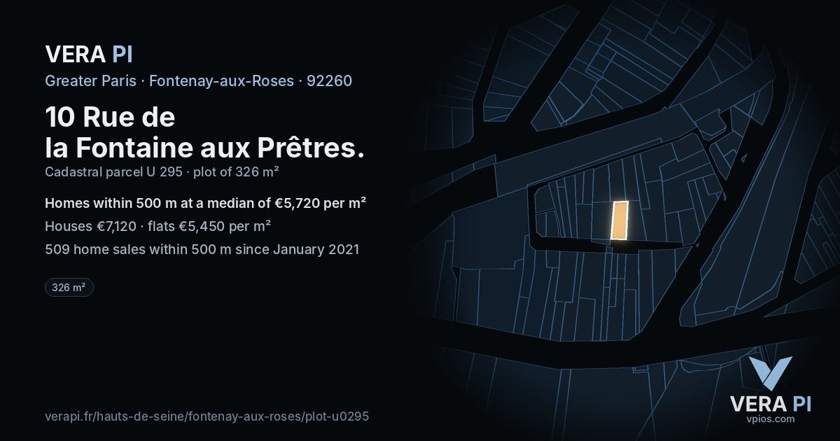 10 Rue de la Fontaine aux Prêtres, Fontenay-aux-Roses at night – the plot lit, the parcels around coloured by the prices near them