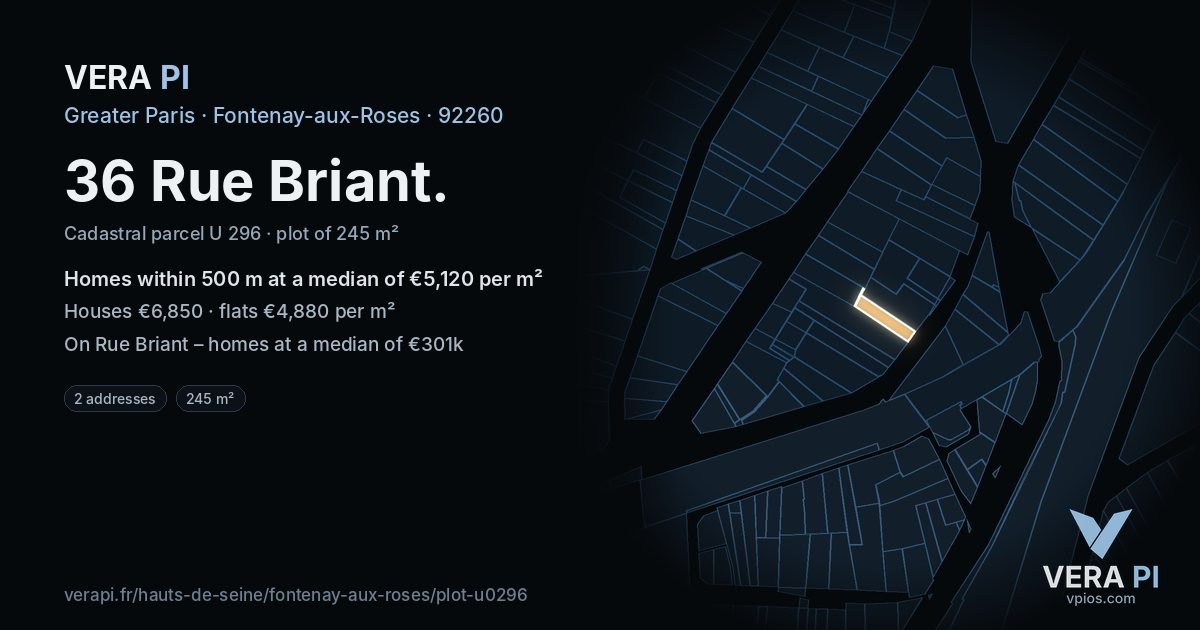 36 Rue Briant, Fontenay-aux-Roses at night – the plot lit, the parcels around coloured by the prices near them