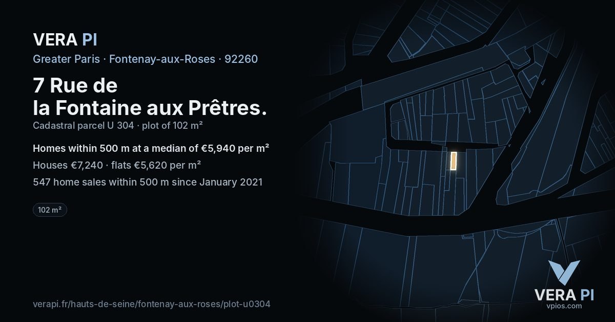 7 Rue de la Fontaine aux Prêtres, Fontenay-aux-Roses at night – the plot lit, the parcels around coloured by the prices near them