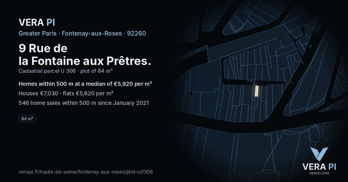 9 Rue de la Fontaine aux Prêtres, Fontenay-aux-Roses at night – the plot lit, the parcels around coloured by the prices near them
