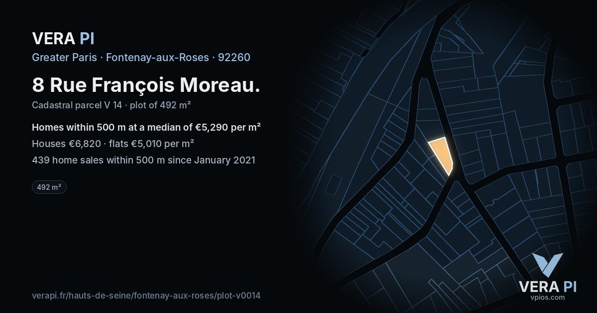 8 Rue François Moreau, Fontenay-aux-Roses at night – the plot lit, the parcels around coloured by the prices near them
