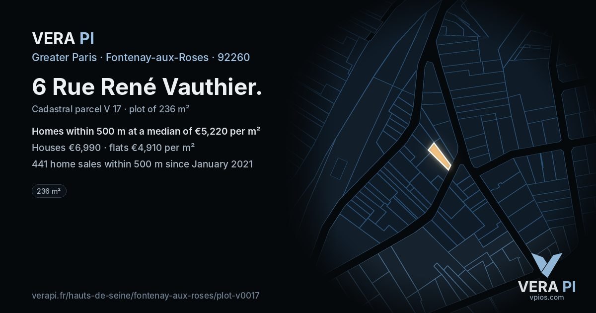 6 Rue René Vauthier, Fontenay-aux-Roses at night – the plot lit, the parcels around coloured by the prices near them