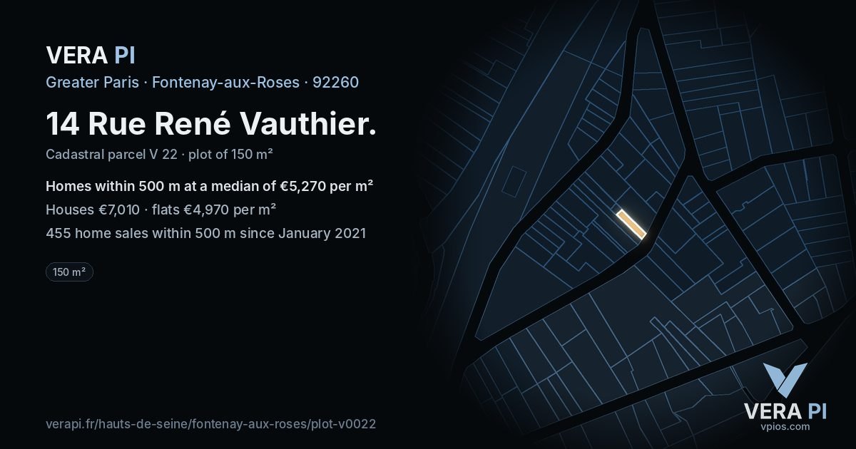 14 Rue René Vauthier, Fontenay-aux-Roses at night – the plot lit, the parcels around coloured by the prices near them