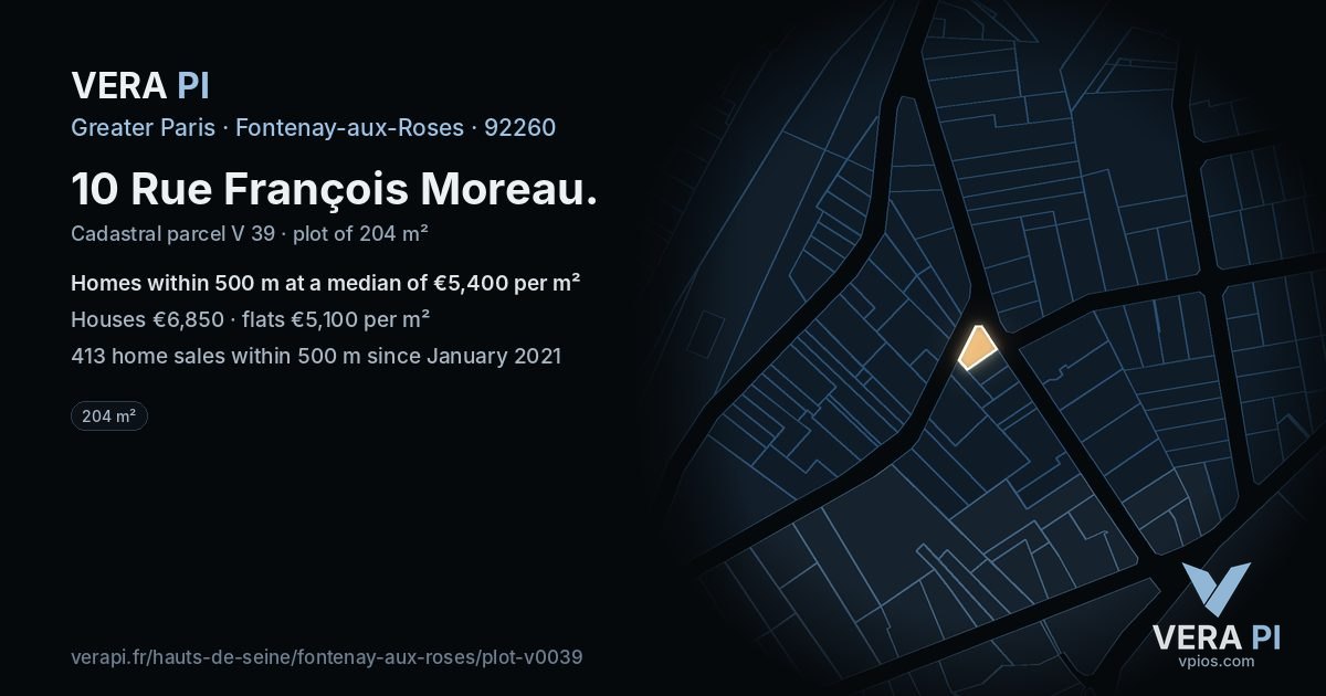 10 Rue François Moreau, Fontenay-aux-Roses at night – the plot lit, the parcels around coloured by the prices near them