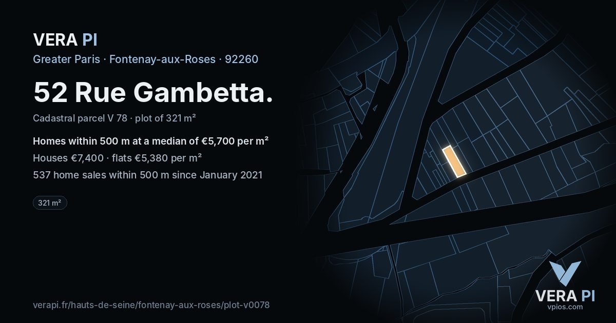 52 Rue Gambetta, Fontenay-aux-Roses at night – the plot lit, the parcels around coloured by the prices near them