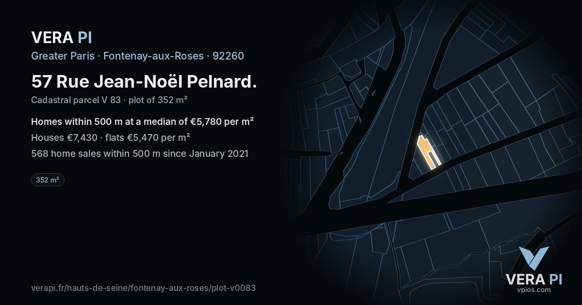57 Rue Jean-Noël Pelnard, Fontenay-aux-Roses at night – the plot lit, the parcels around coloured by the prices near them