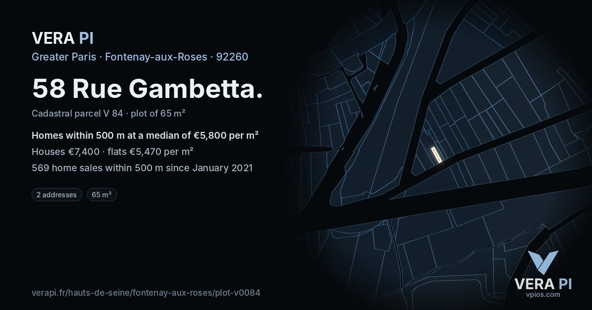 58 Rue Gambetta, Fontenay-aux-Roses at night – the plot lit, the parcels around coloured by the prices near them