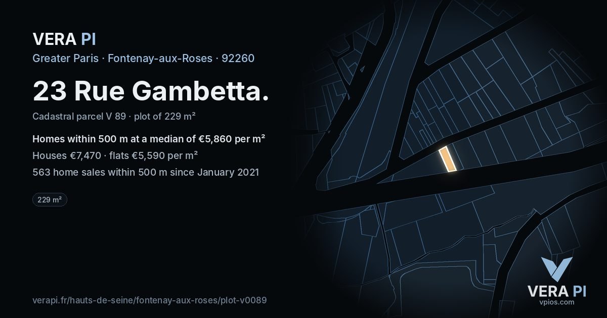 23 Rue Gambetta, Fontenay-aux-Roses at night – the plot lit, the parcels around coloured by the prices near them