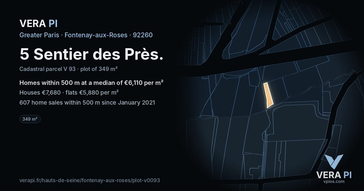 5 Sentier des Près, Fontenay-aux-Roses at night – the plot lit, the parcels around coloured by the prices near them