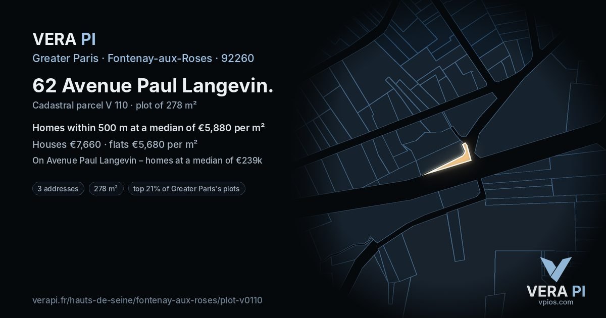 62 Avenue Paul Langevin, Fontenay-aux-Roses at night – the plot lit, the parcels around coloured by the prices near them