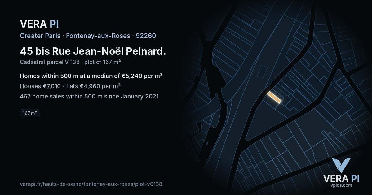 45 bis Rue Jean-Noël Pelnard, Fontenay-aux-Roses at night – the plot lit, the parcels around coloured by the prices near them
