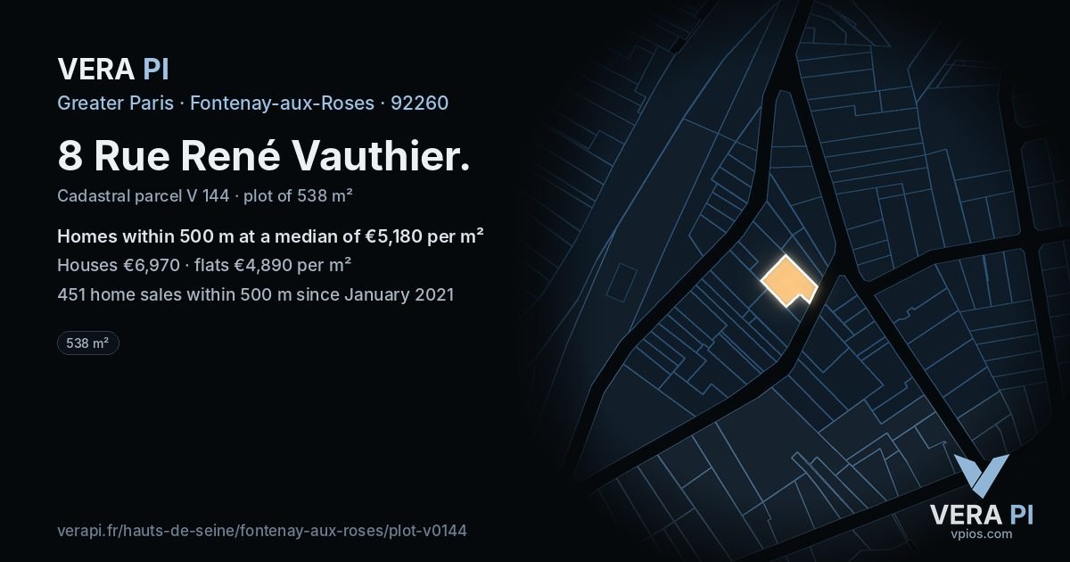 8 Rue René Vauthier, Fontenay-aux-Roses at night – the plot lit, the parcels around coloured by the prices near them