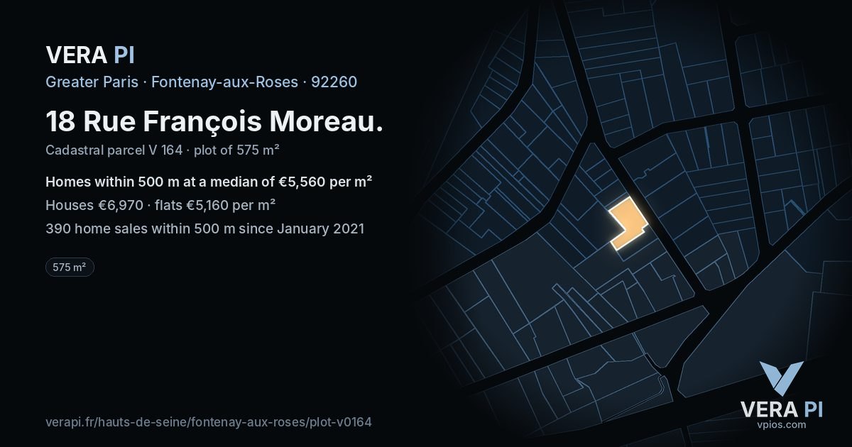 18 Rue François Moreau, Fontenay-aux-Roses at night – the plot lit, the parcels around coloured by the prices near them