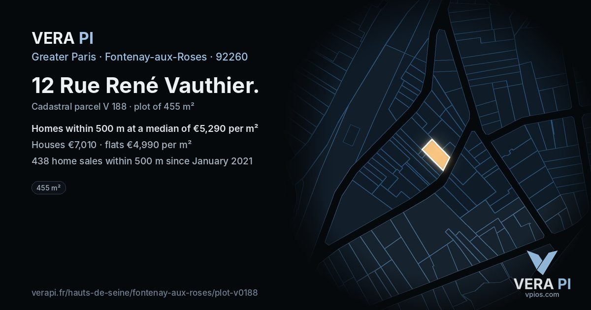 12 Rue René Vauthier, Fontenay-aux-Roses at night – the plot lit, the parcels around coloured by the prices near them