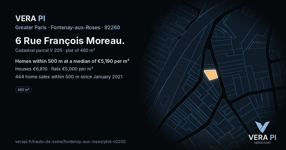 6 Rue François Moreau, Fontenay-aux-Roses at night – the plot lit, the parcels around coloured by the prices near them