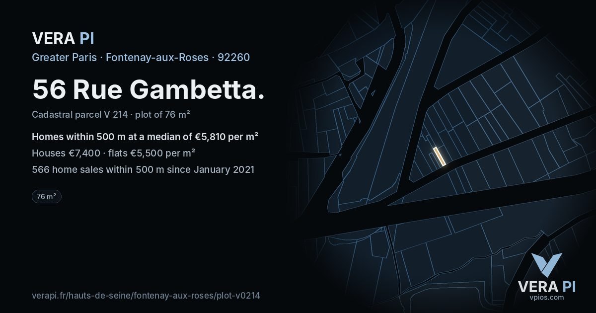56 Rue Gambetta, Fontenay-aux-Roses at night – the plot lit, the parcels around coloured by the prices near them