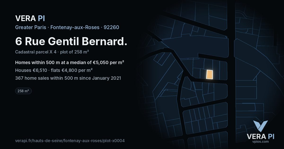 6 Rue Gentil Bernard, Fontenay-aux-Roses at night – the plot lit, the parcels around coloured by the prices near them