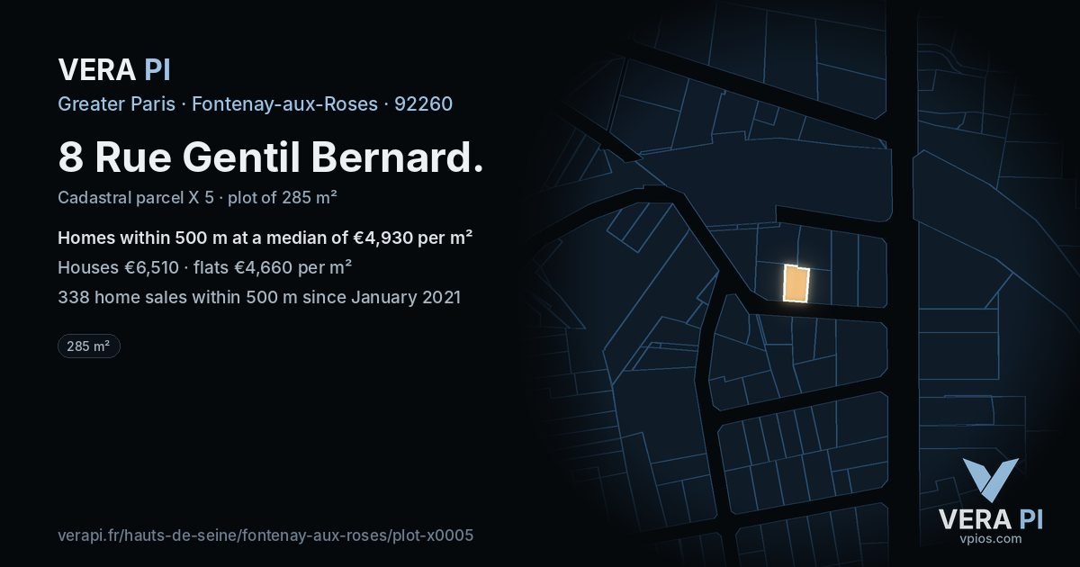 8 Rue Gentil Bernard, Fontenay-aux-Roses at night – the plot lit, the parcels around coloured by the prices near them