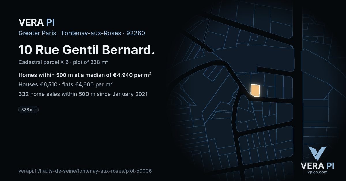 10 Rue Gentil Bernard, Fontenay-aux-Roses at night – the plot lit, the parcels around coloured by the prices near them