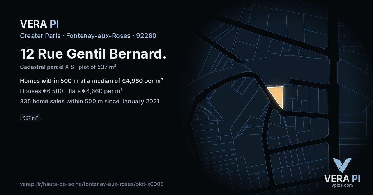 12 Rue Gentil Bernard, Fontenay-aux-Roses at night – the plot lit, the parcels around coloured by the prices near them
