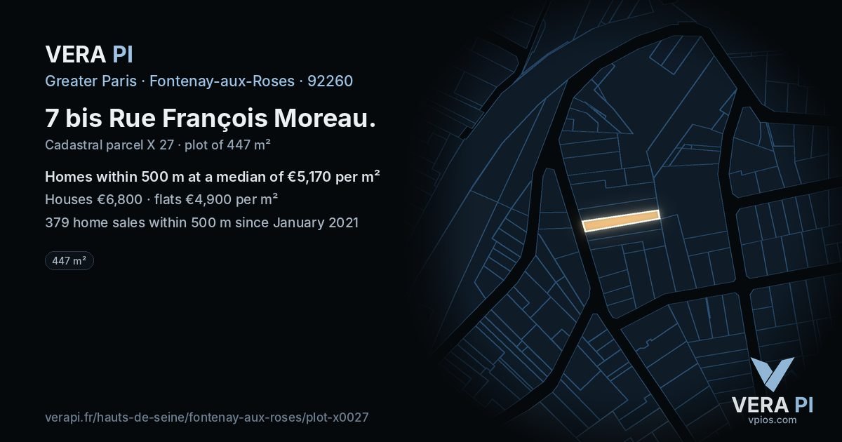 7 bis Rue François Moreau, Fontenay-aux-Roses at night – the plot lit, the parcels around coloured by the prices near them