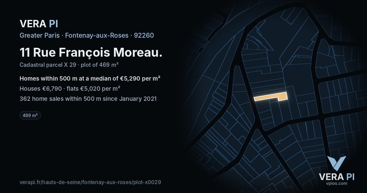 11 Rue François Moreau, Fontenay-aux-Roses at night – the plot lit, the parcels around coloured by the prices near them
