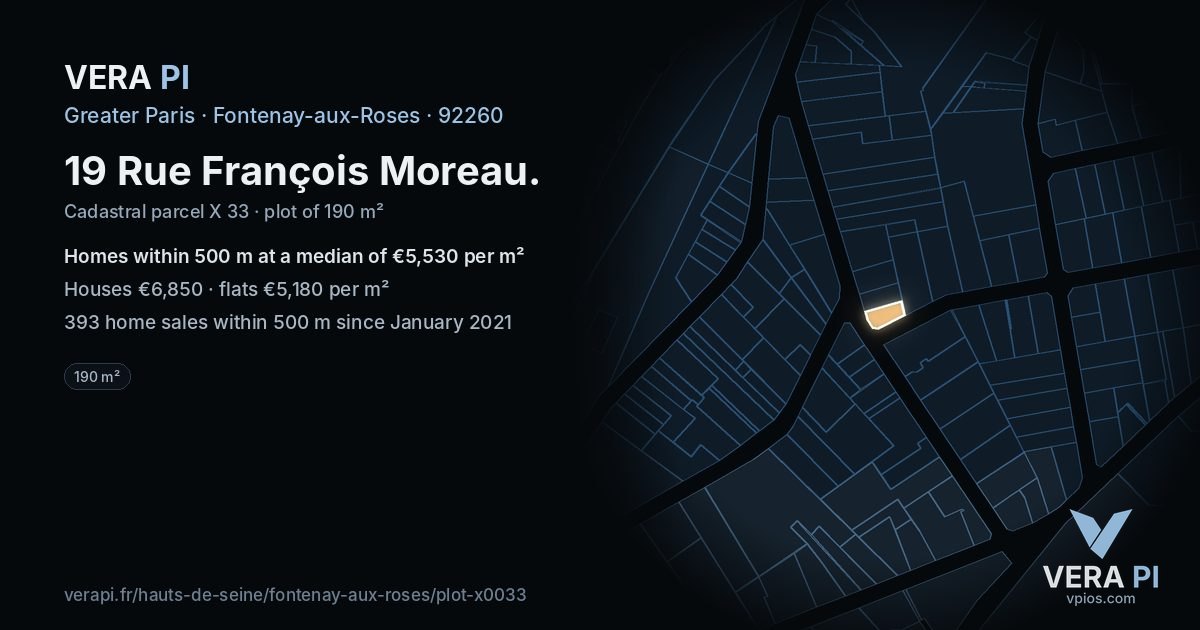 19 Rue François Moreau, Fontenay-aux-Roses at night – the plot lit, the parcels around coloured by the prices near them