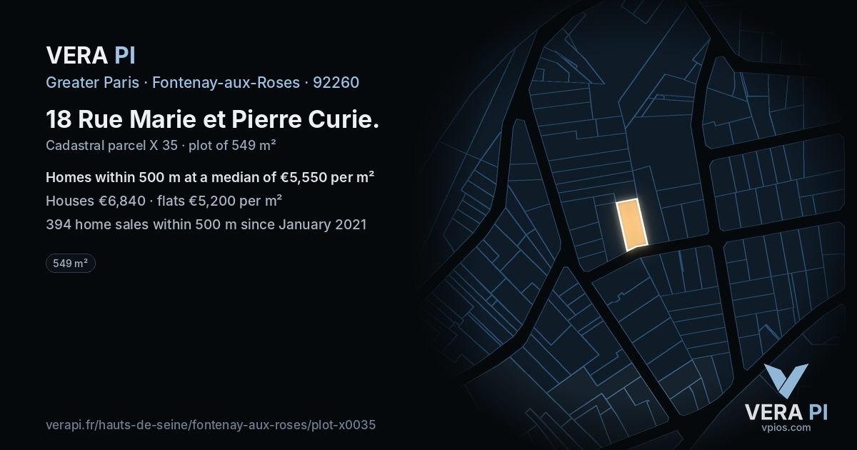 18 Rue Marie et Pierre Curie, Fontenay-aux-Roses at night – the plot lit, the parcels around coloured by the prices near them