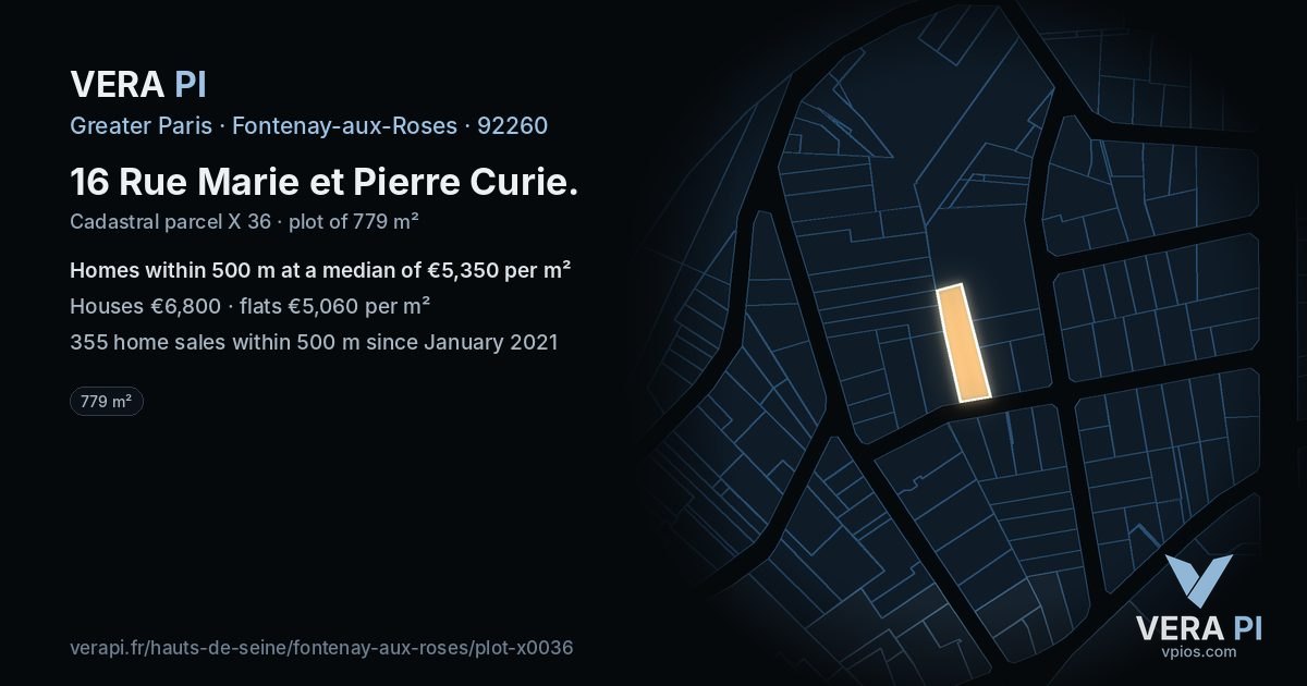 16 Rue Marie et Pierre Curie, Fontenay-aux-Roses at night – the plot lit, the parcels around coloured by the prices near them