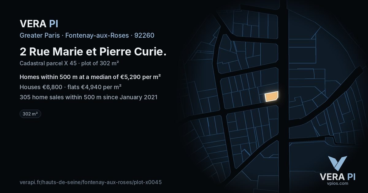 2 Rue Marie et Pierre Curie, Fontenay-aux-Roses at night – the plot lit, the parcels around coloured by the prices near them