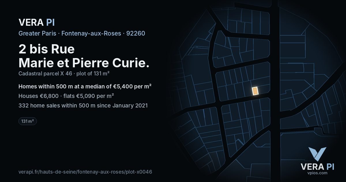 2 bis Rue Marie et Pierre Curie, Fontenay-aux-Roses at night – the plot lit, the parcels around coloured by the prices near them