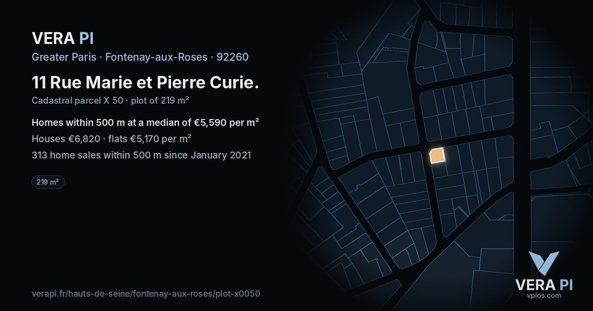 11 Rue Marie et Pierre Curie, Fontenay-aux-Roses at night – the plot lit, the parcels around coloured by the prices near them