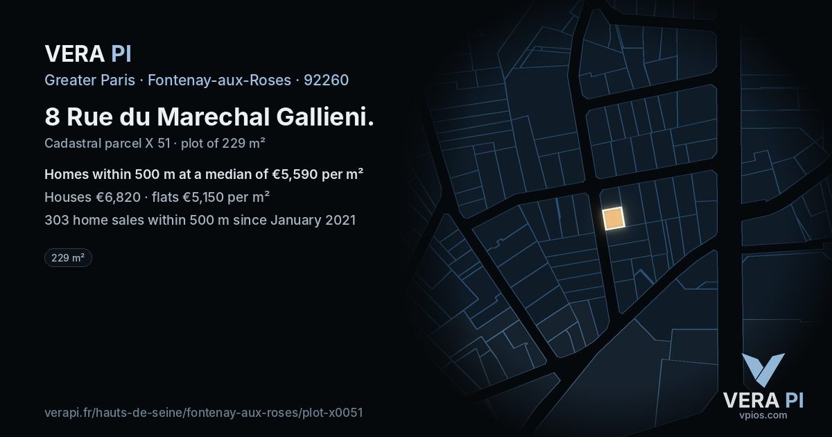 8 Rue du Marechal Gallieni, Fontenay-aux-Roses at night – the plot lit, the parcels around coloured by the prices near them