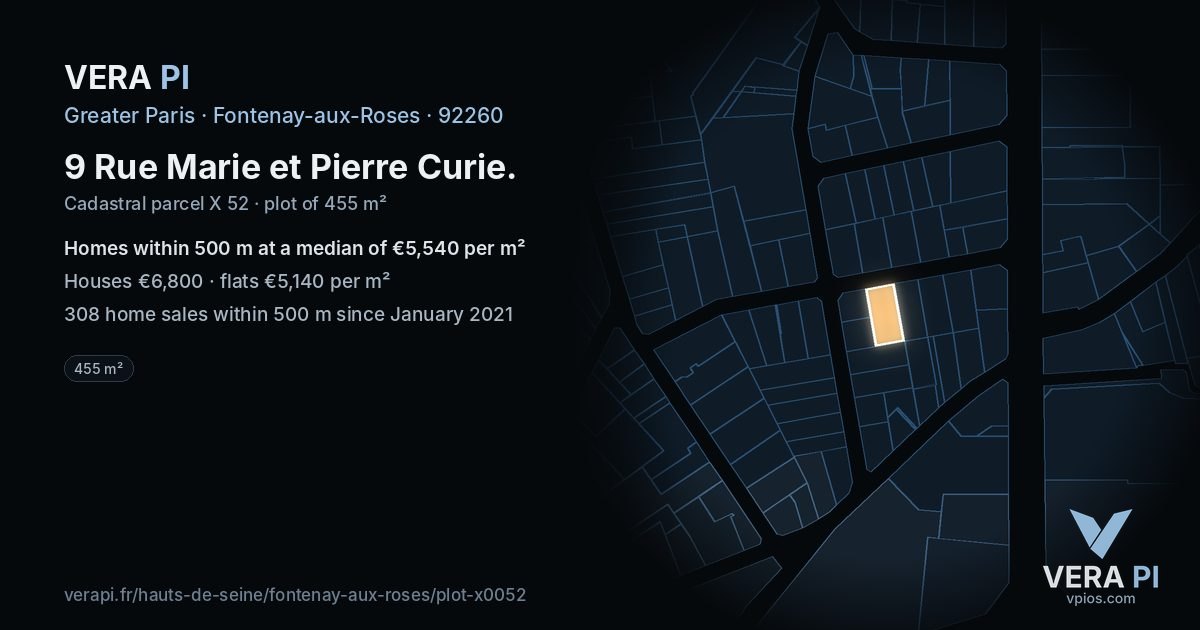 9 Rue Marie et Pierre Curie, Fontenay-aux-Roses at night – the plot lit, the parcels around coloured by the prices near them