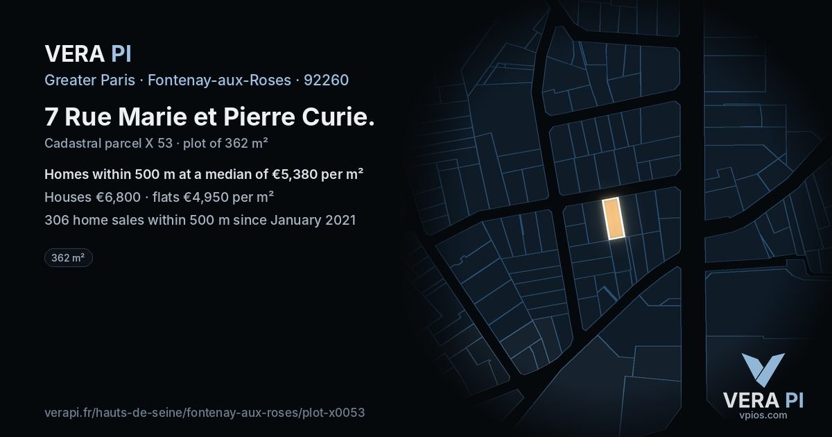 7 Rue Marie et Pierre Curie, Fontenay-aux-Roses at night – the plot lit, the parcels around coloured by the prices near them