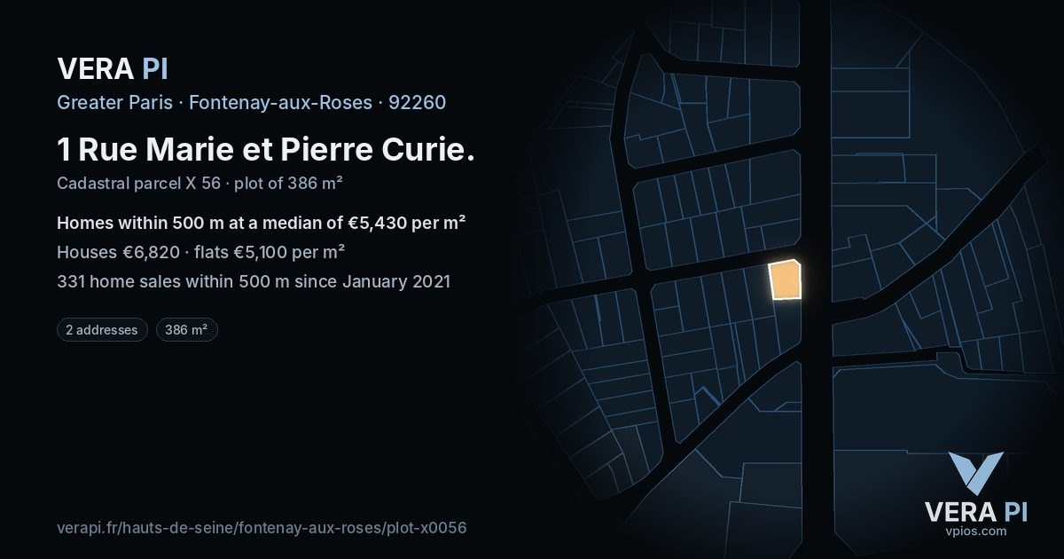 1 Rue Marie et Pierre Curie, Fontenay-aux-Roses at night – the plot lit, the parcels around coloured by the prices near them