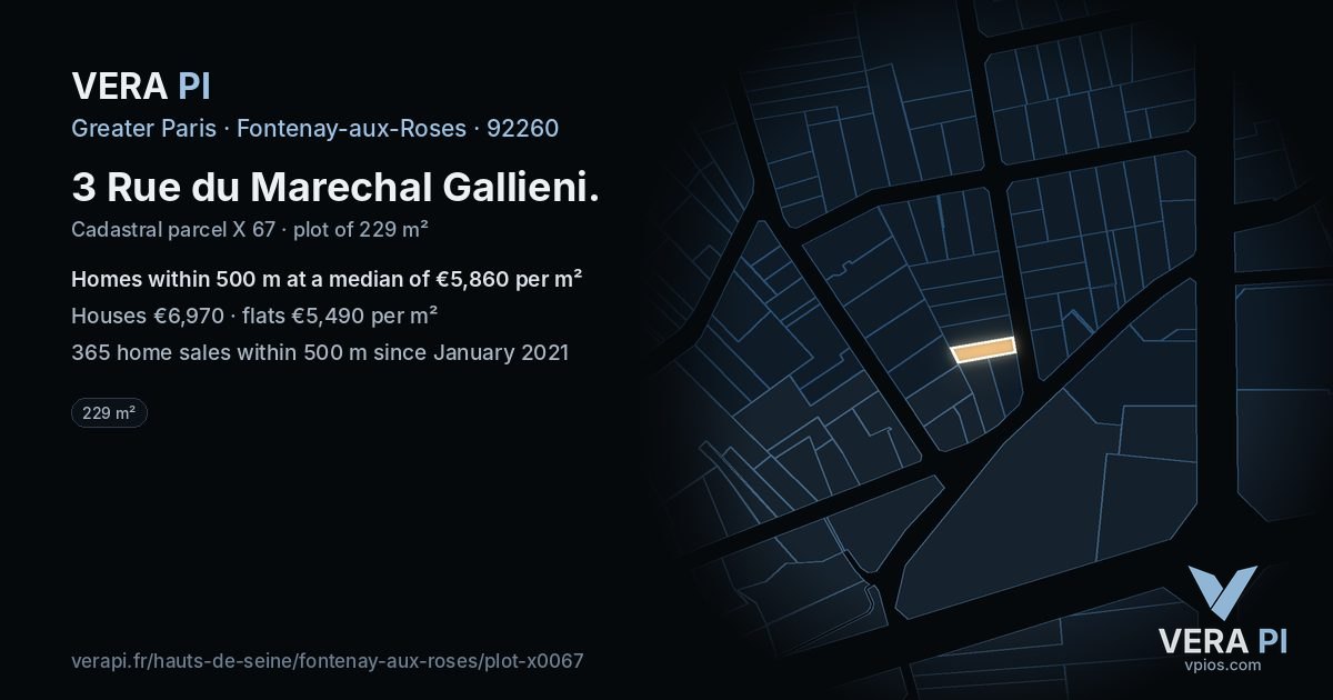 3 Rue du Marechal Gallieni, Fontenay-aux-Roses at night – the plot lit, the parcels around coloured by the prices near them