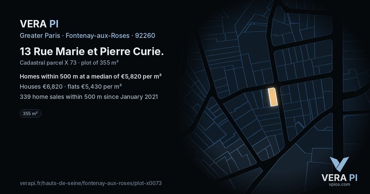 13 Rue Marie et Pierre Curie, Fontenay-aux-Roses at night – the plot lit, the parcels around coloured by the prices near them