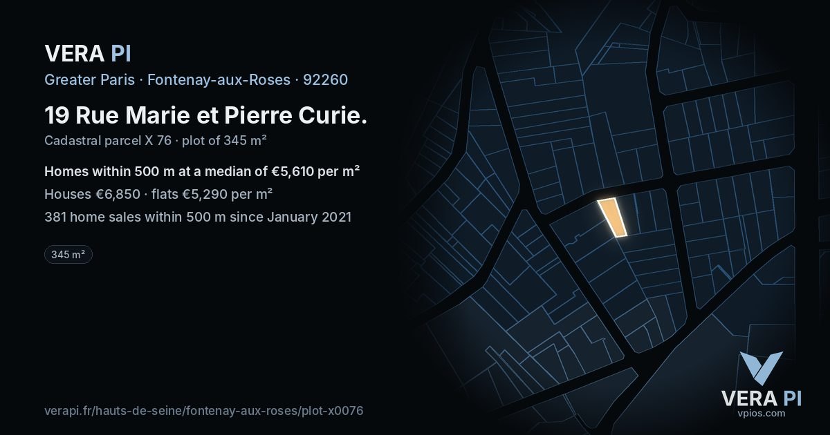 19 Rue Marie et Pierre Curie, Fontenay-aux-Roses at night – the plot lit, the parcels around coloured by the prices near them