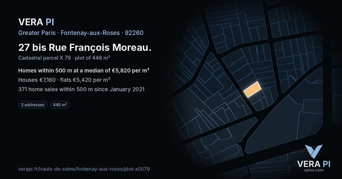 27 bis Rue François Moreau, Fontenay-aux-Roses at night – the plot lit, the parcels around coloured by the prices near them