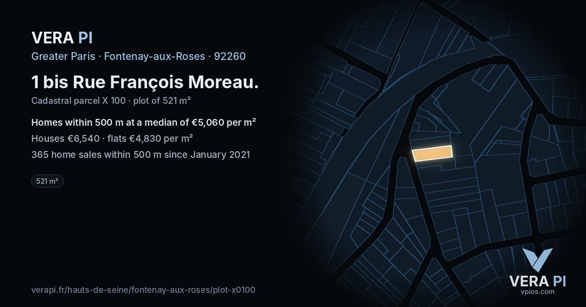1 bis Rue François Moreau, Fontenay-aux-Roses at night – the plot lit, the parcels around coloured by the prices near them