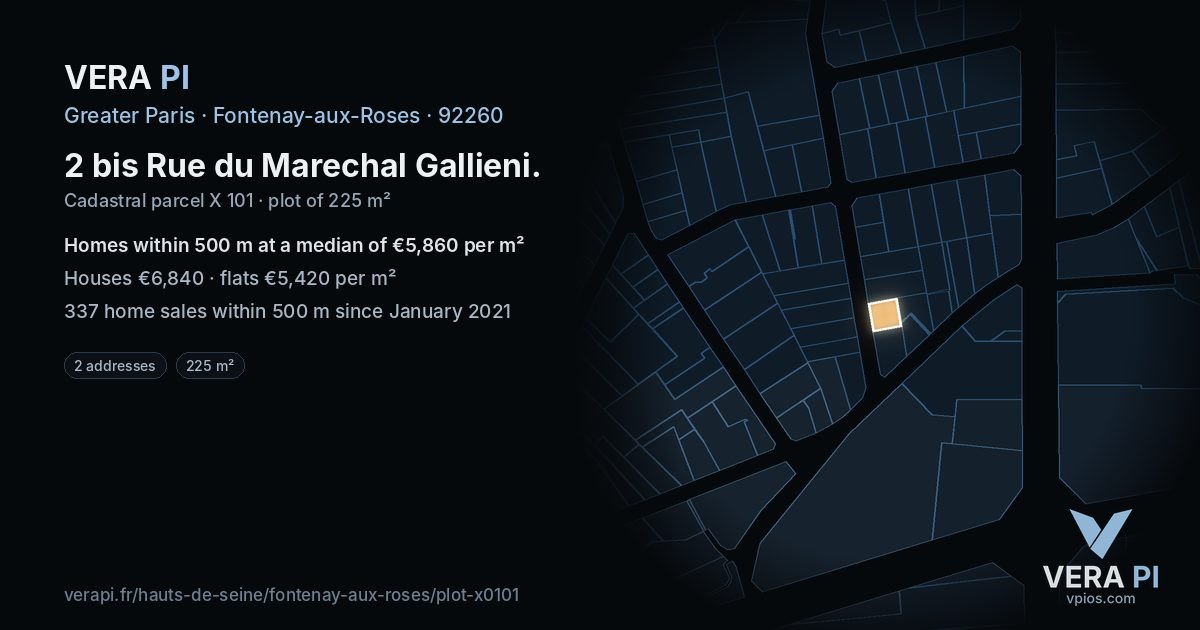 2 bis Rue du Marechal Gallieni, Fontenay-aux-Roses at night – the plot lit, the parcels around coloured by the prices near them